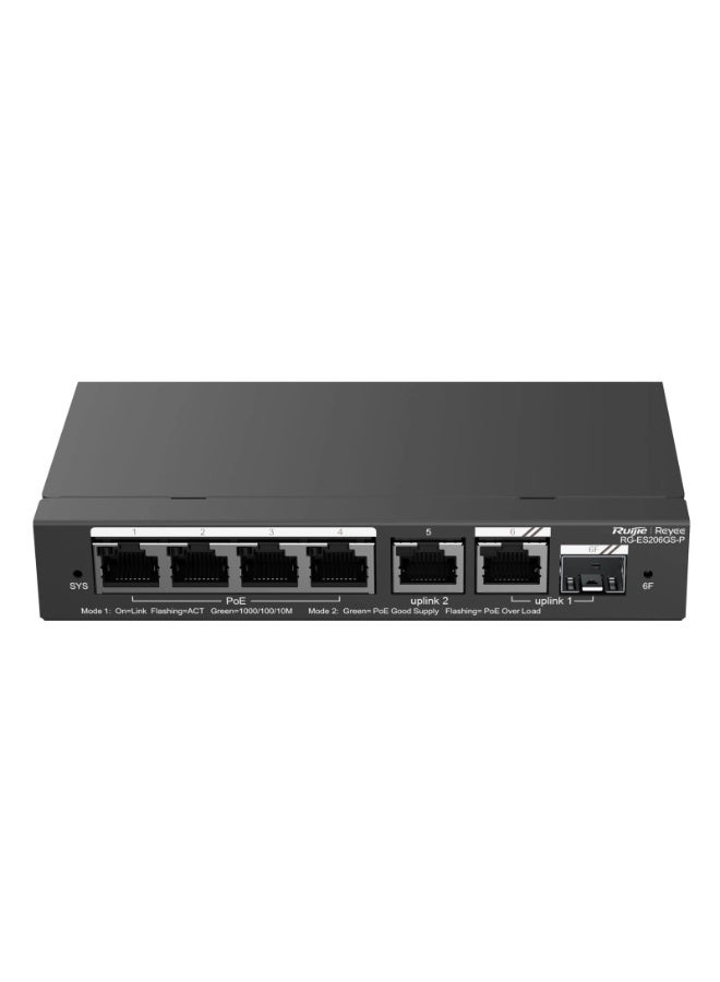 Ruijie RG‑ES206GS‑P محول سحابي ذكي مدارة 6 منافذ جيجابت مع 4 منافذ PoE+، 1 منفذ SFP، 1 منفذ كومبو، ميزانية PoE 54W، التعرف على كاميرات IP، منع الحلقة، VLAN، QoS، إدارة سحابية، مثالي لأنظمة CCTV والشبكات الصغيرة للمكاتب | RG-ES206GS-P - Image 2